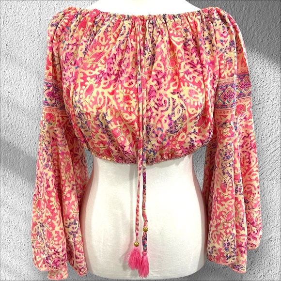 Bigg Bull Silk Blend Boho Crop Top S/M | Bell‎ Sleeves Pink Gold Tassels - Picture 1 of 9